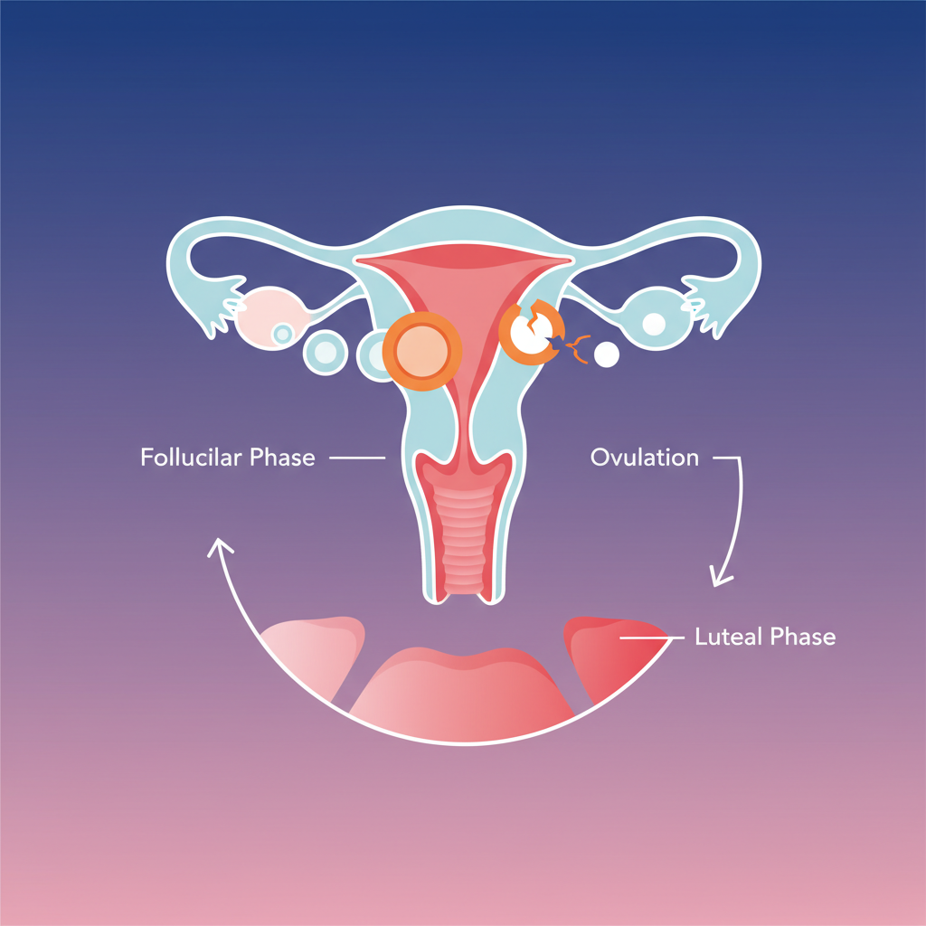 clean infographic, modern layout, high contrast, female reproductive system illustrating ovulation cycle, minimal text, colored background, no visible text