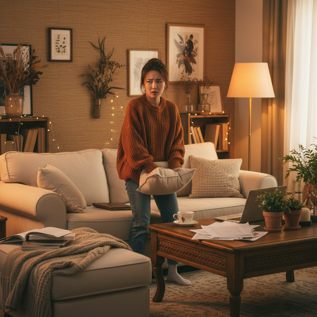 A Korean woman searching for her keys with a confused expression, perhaps in a cluttered but warm-lit living room. Lifestyle photography, natural setting, textured background, no visible text.