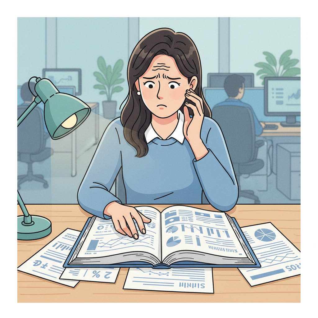 A Korean woman with a puzzled expression looking at a ledger or financial documents, indicating difficulty with numbers or managing finances. Clean infographic style, soft desk lighting, blurred office background, no text.