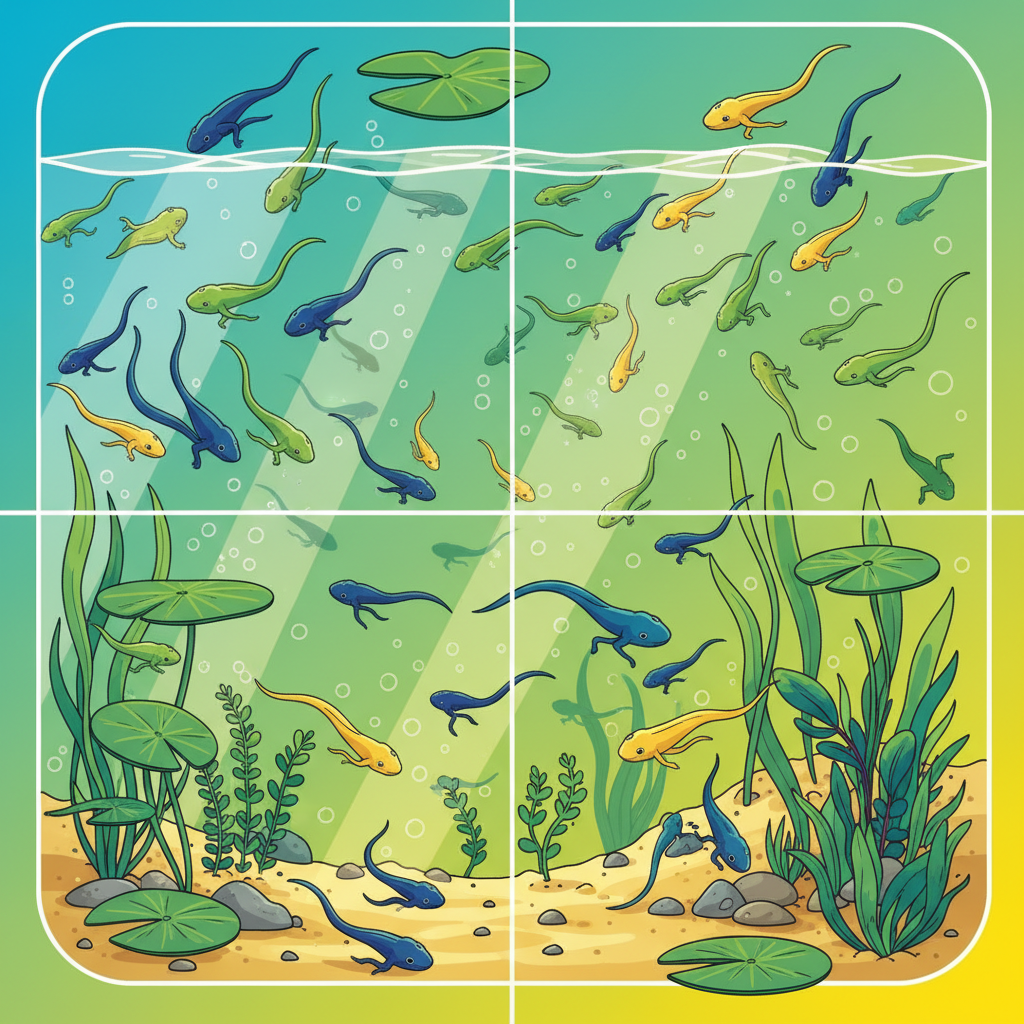 A vibrant scene of hundreds of young tadpoles swimming gracefully in a clear pond, surrounded by lush green aquatic plants and soft, warm sunlight filtering through, clean infographic, modern layout, high contrast, colored background, no text