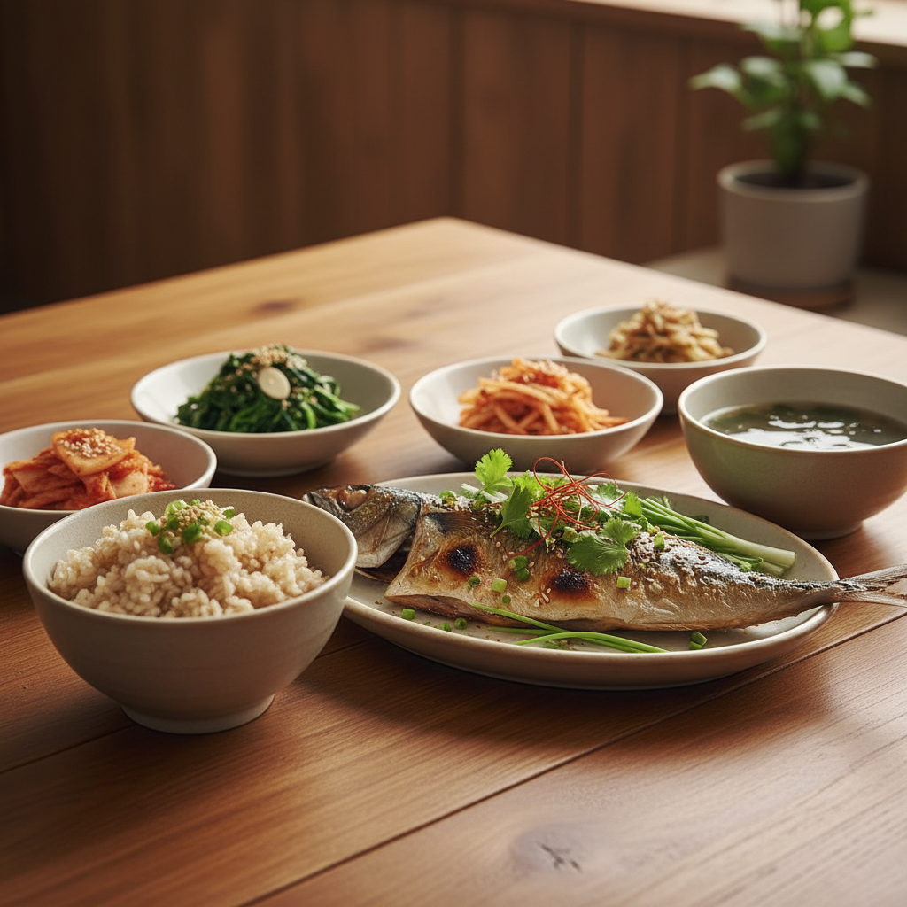 A close-up shot of a healthy, low-sodium Korean meal (e.g., grilled fish with herbs, fresh vegetables, brown rice) on a dining table, with soft, bright lighting and a warm, wooden background. No visible text.