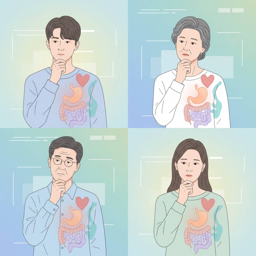 A diverse group of Korean people experiencing mild discomfort in their left side, looking thoughtfully, with a clean infographic style showing internal organs in soft colors, medical context, modern layout, bright lighting, colored background, no text