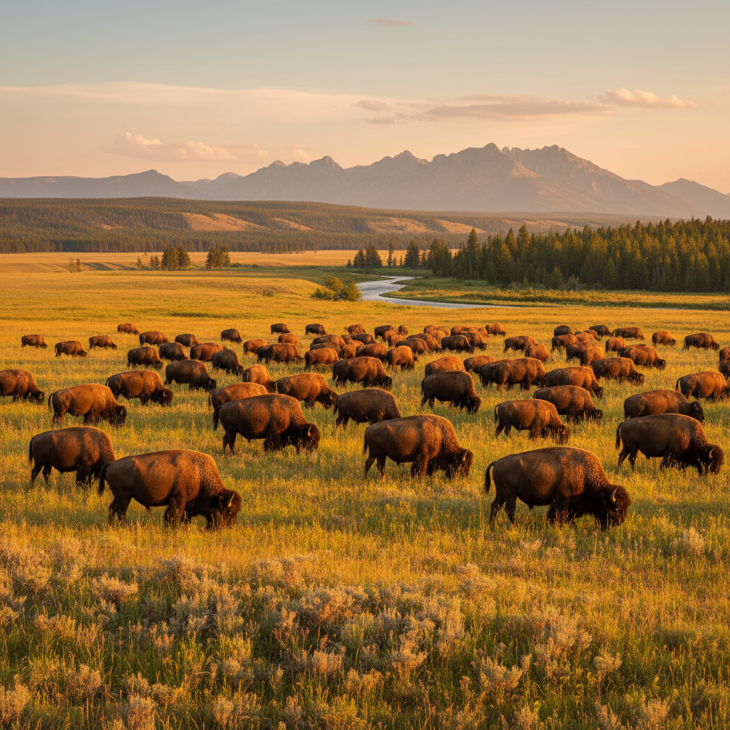 lifestyle photography of a herd of bison grazing peacefully in a vast field of Yellowstone National Park, golden hour lighting, natural setting, no text
