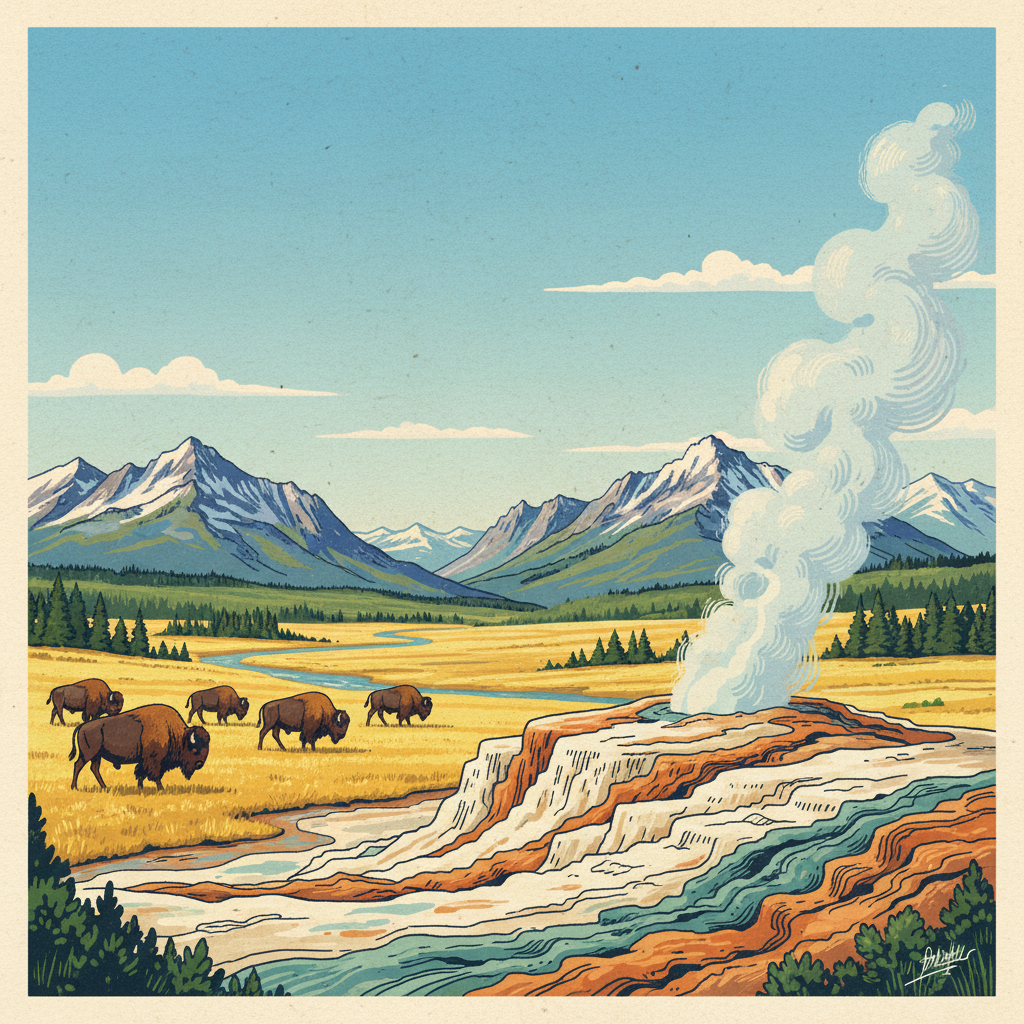 illustration, artistic rendering of Yellowstone National Park's diverse landscape, featuring a geyser erupting and a herd of bison, textured background, bright balanced lighting, no text