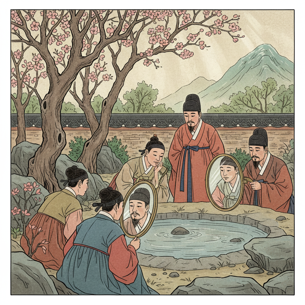 Artistic rendering of ancient Korean people looking at their reflections in a calm pool of water or a polished bronze mirror, natural historical setting, soft lighting, textured background, illustration style, no text