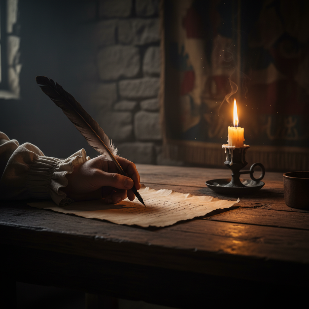 A close-up of a hand writing with a quill pen on parchment, a flickering candle on an ancient wooden desk inside a dimly lit castle room, historical, dramatic lighting, textured background, no text