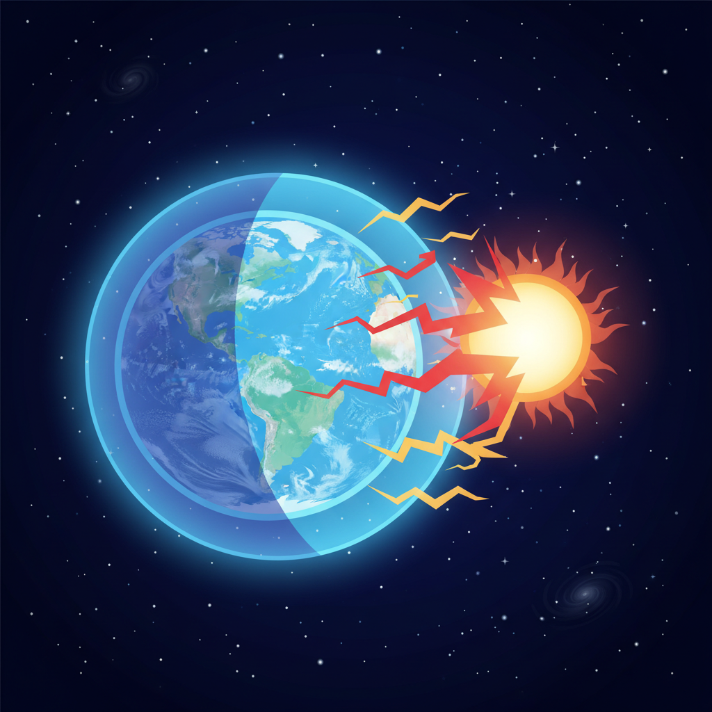A vibrant illustration of Earth surrounded by a protective ozone layer, shielding it from intense ultraviolet rays from the sun. The background is a deep space with stars, clean infographic style, high contrast, no text.