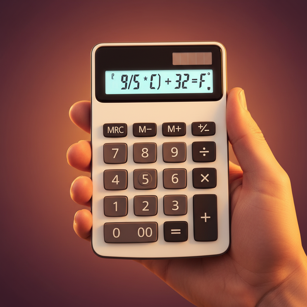 A hand holding a calculator, showing a temperature conversion formula (C to F or F to C) on the screen. Clean infographic, modern layout, high contrast, warm lighting, colored background, no text