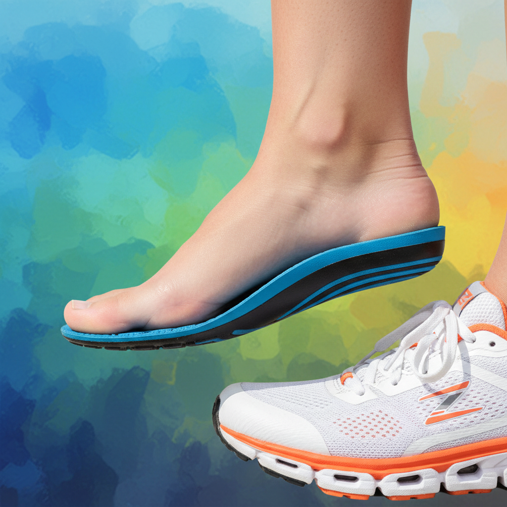 Close-up of a foot wearing an athletic shoe with an arch support insole visible, emphasizing the foot's arch and support, clean and focused shot, vibrant background colors, no text