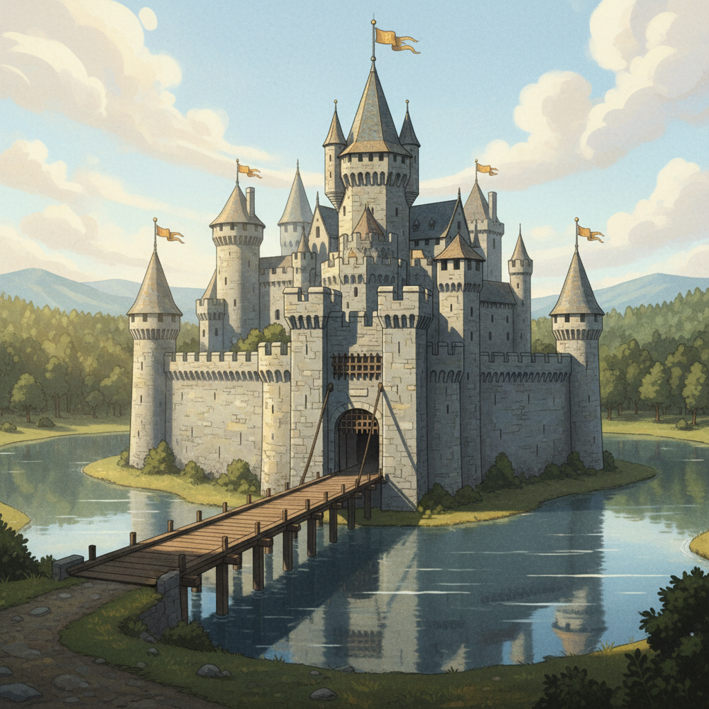 Illustration of a grand medieval castle with a wide moat surrounding it, showing a drawbridge, in an artistic rendering style, textured background, bright lighting, centered focus, no text.