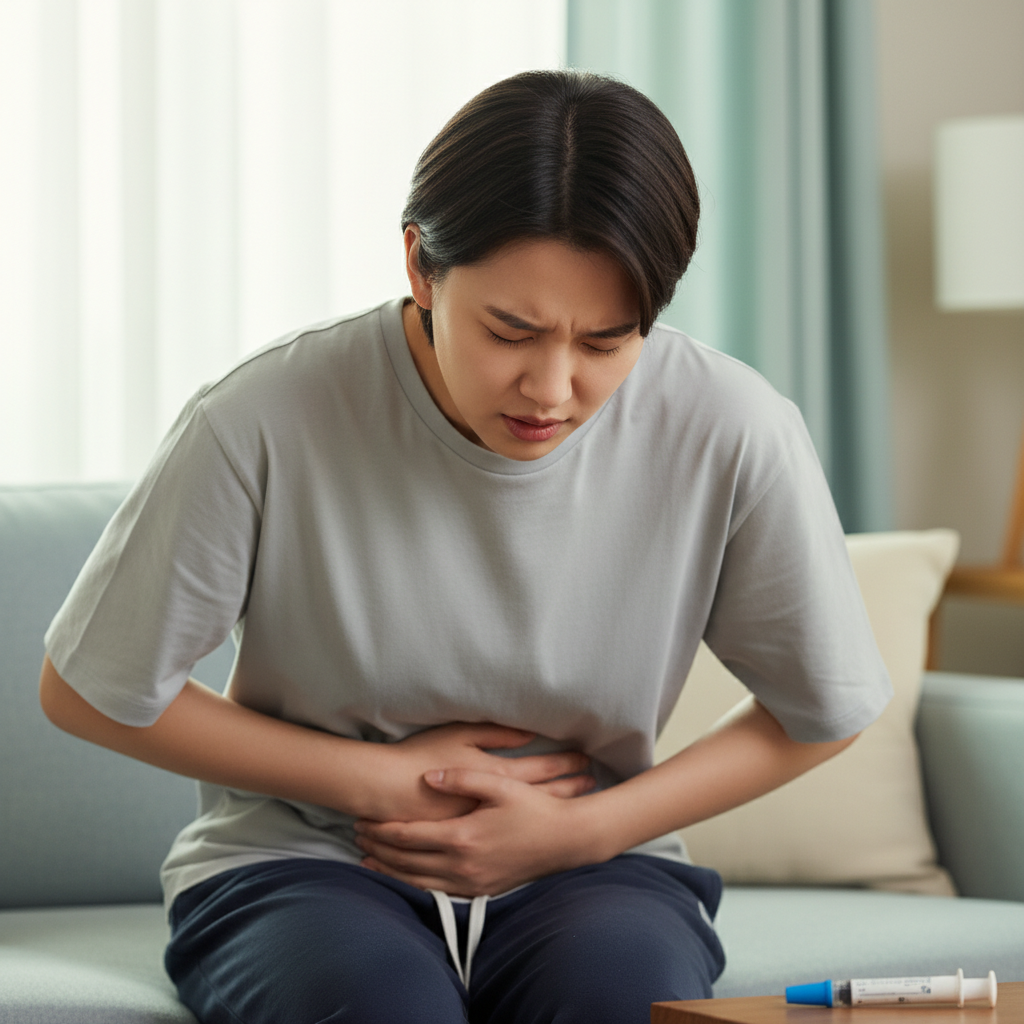 A Korean person experiencing severe nausea and discomfort, holding their stomach, next to a subtle, blurred image of an injection pen in the background. Lifestyle photography, natural lighting, soft colored background, no text, expressing discomfort.