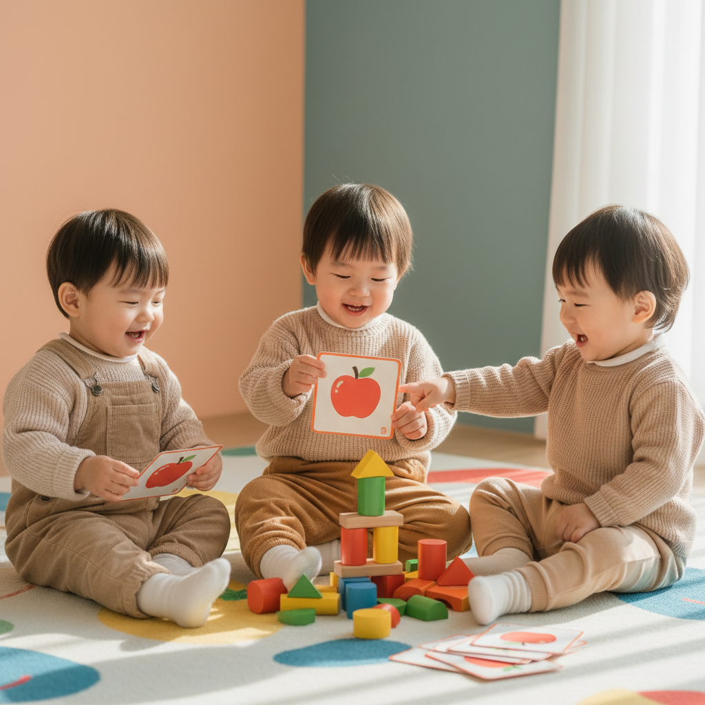 lifestyle photography, warm lighting, natural setting of toddlers playing with blocks and looking at language cards, emphasizing learning and social interaction, colored background, Korean children, no text