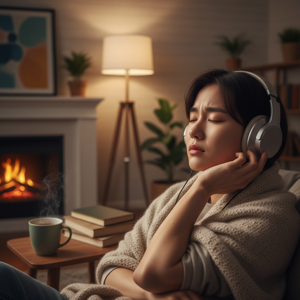 A Korean person with headphones on, showing a subtle expression of deep emotional engagement, eyes closed or gazing intently. There are faint goosebumps visible on their arm. The background is a warm, inviting indoor setting with soft lighting. Lifestyle photography, rich in detail, no text.