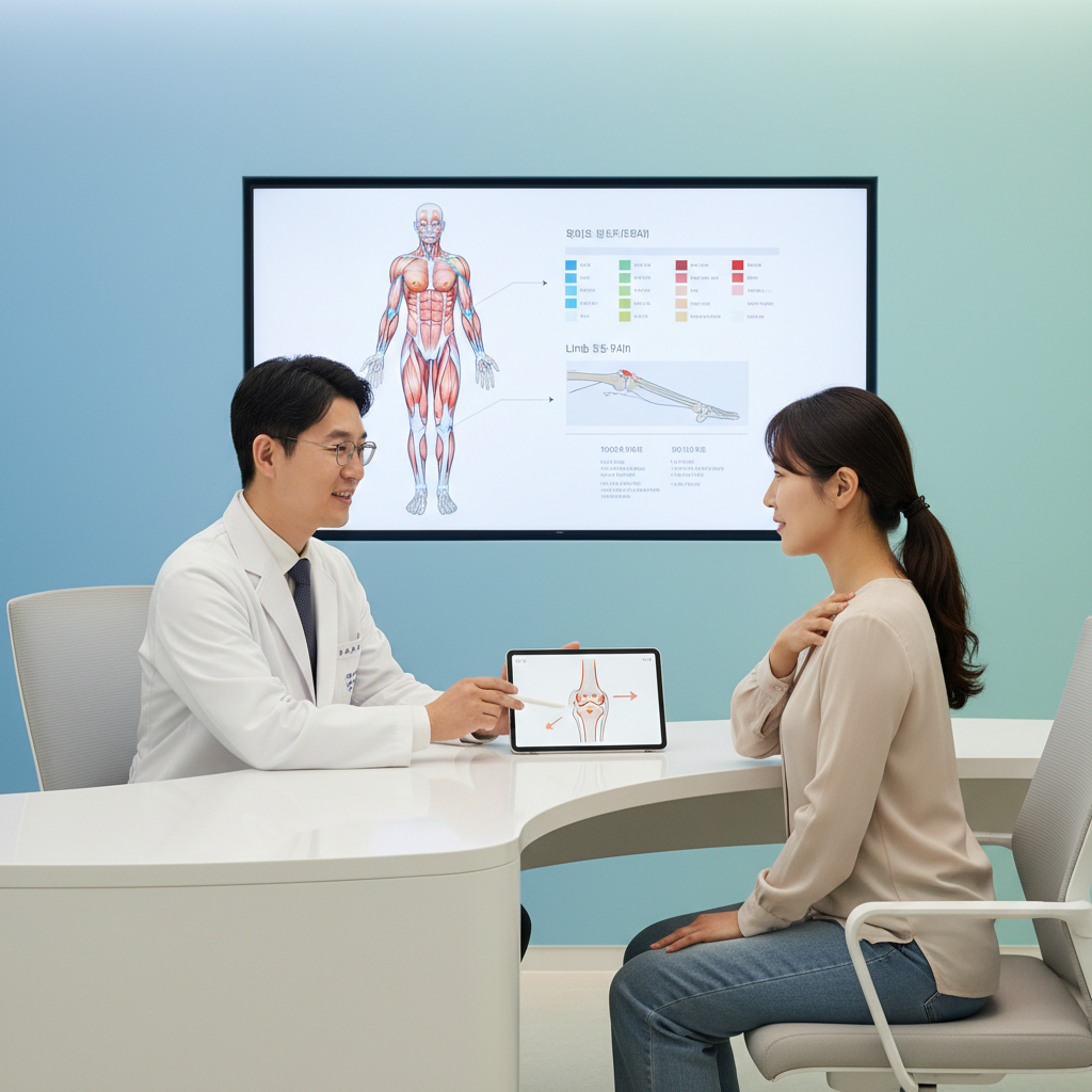 A Korean doctor consulting with a patient about limb pain, using simple visual aids like an anatomical diagram in the background, clean infographic style, modern layout, colored background, no text