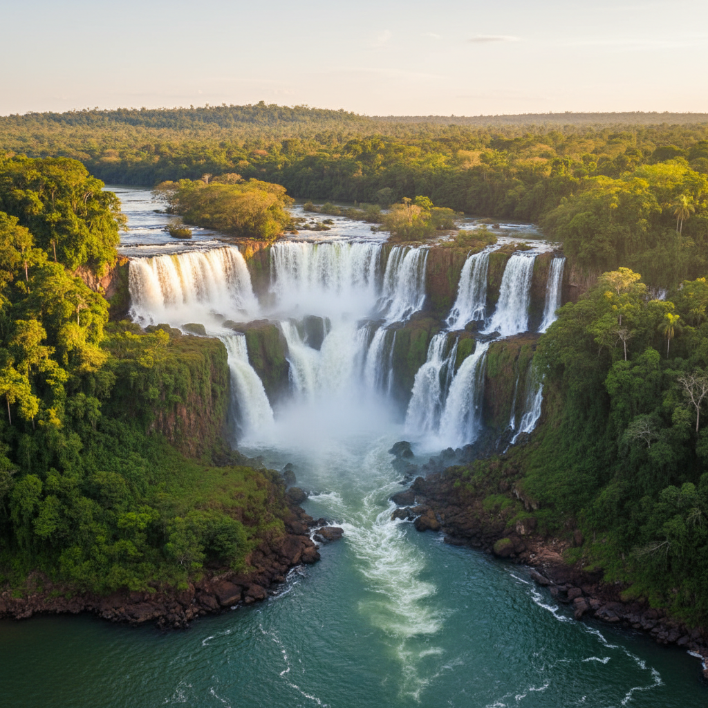 The Iguazu Falls with multiple cascades and lush green surroundings, warm lighting, natural setting, vibrant colors, no visible text, centered focus, visually rich
