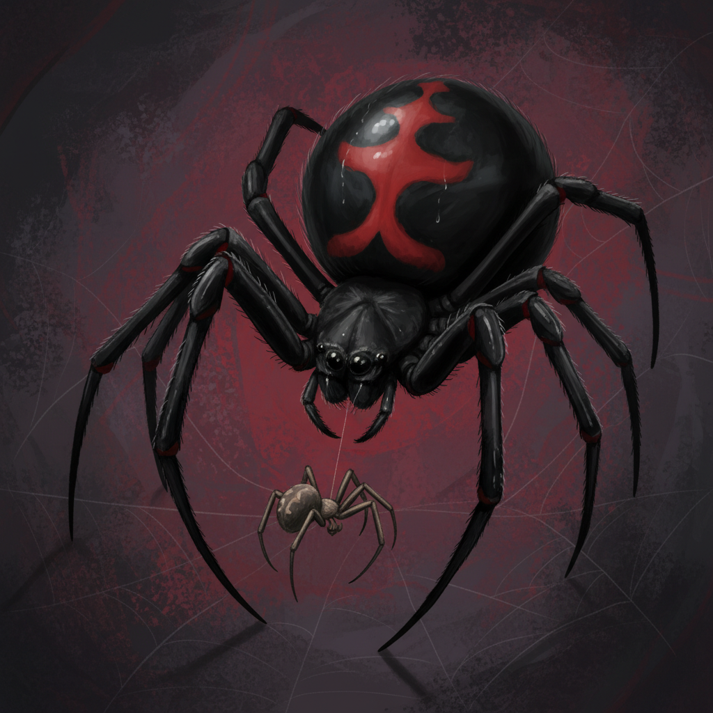 An artistic illustration depicting a symbolic scene of a larger female black widow spider looking over a smaller male spider, emphasizing the 'widow' concept, in a dramatic and slightly melancholic style. Textured, dark background. No visible text.