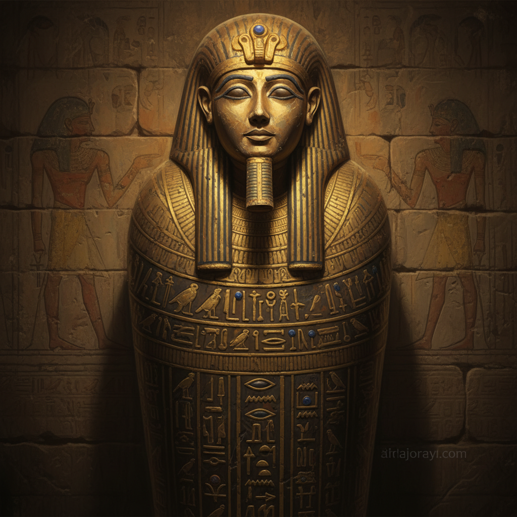 An ancient Egyptian mummy sarcophagus, intricately decorated with hieroglyphs and golden accents, warm lighting, textured stone background, no text, artistic rendering style.