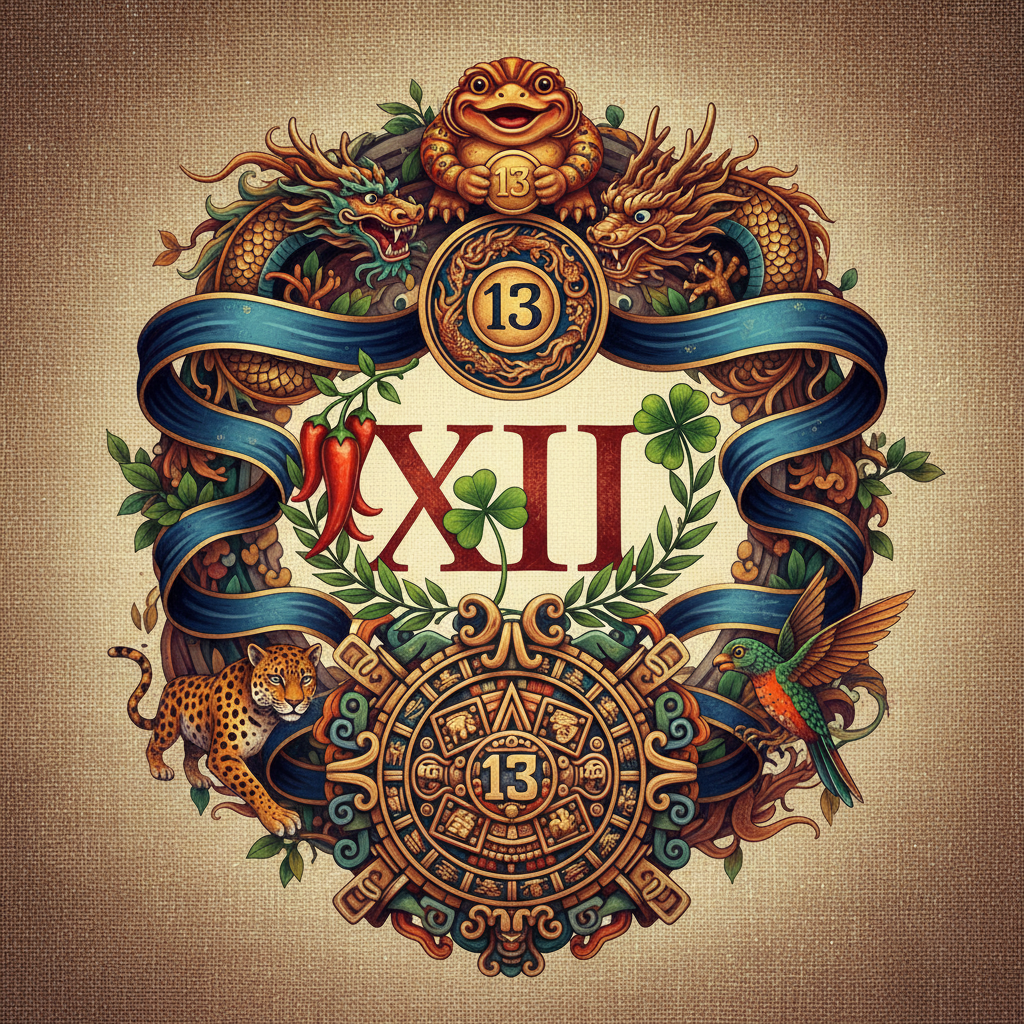 A vibrant illustration showcasing different cultural symbols, including elements from Italian, Chinese, and Mayan cultures, some associating 13 with good luck, others with neutrality. Textured background, artistic rendering, no text
