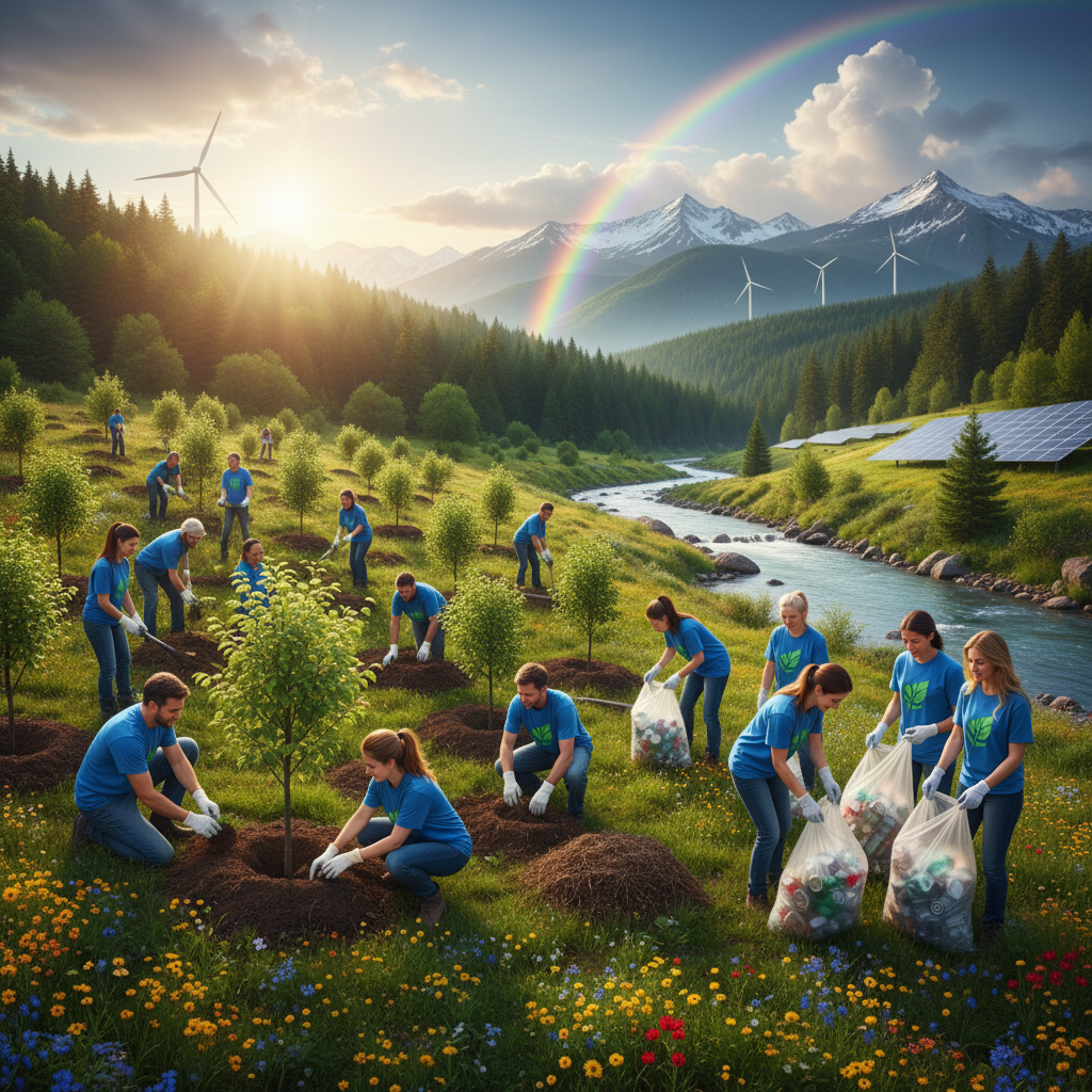 People actively engaged in protecting Earth's environment, planting trees or cleaning up, symbolizing responsibility, vibrant and hopeful scene, rich background, no text