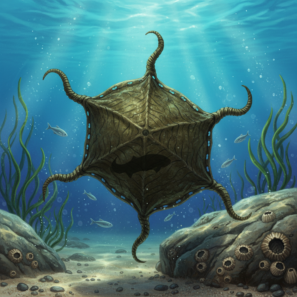 A detailed illustration of a 'mermaid's purse' (shark egg case), showing its unique, leathery texture and tendrils, underwater background with natural light, no text.