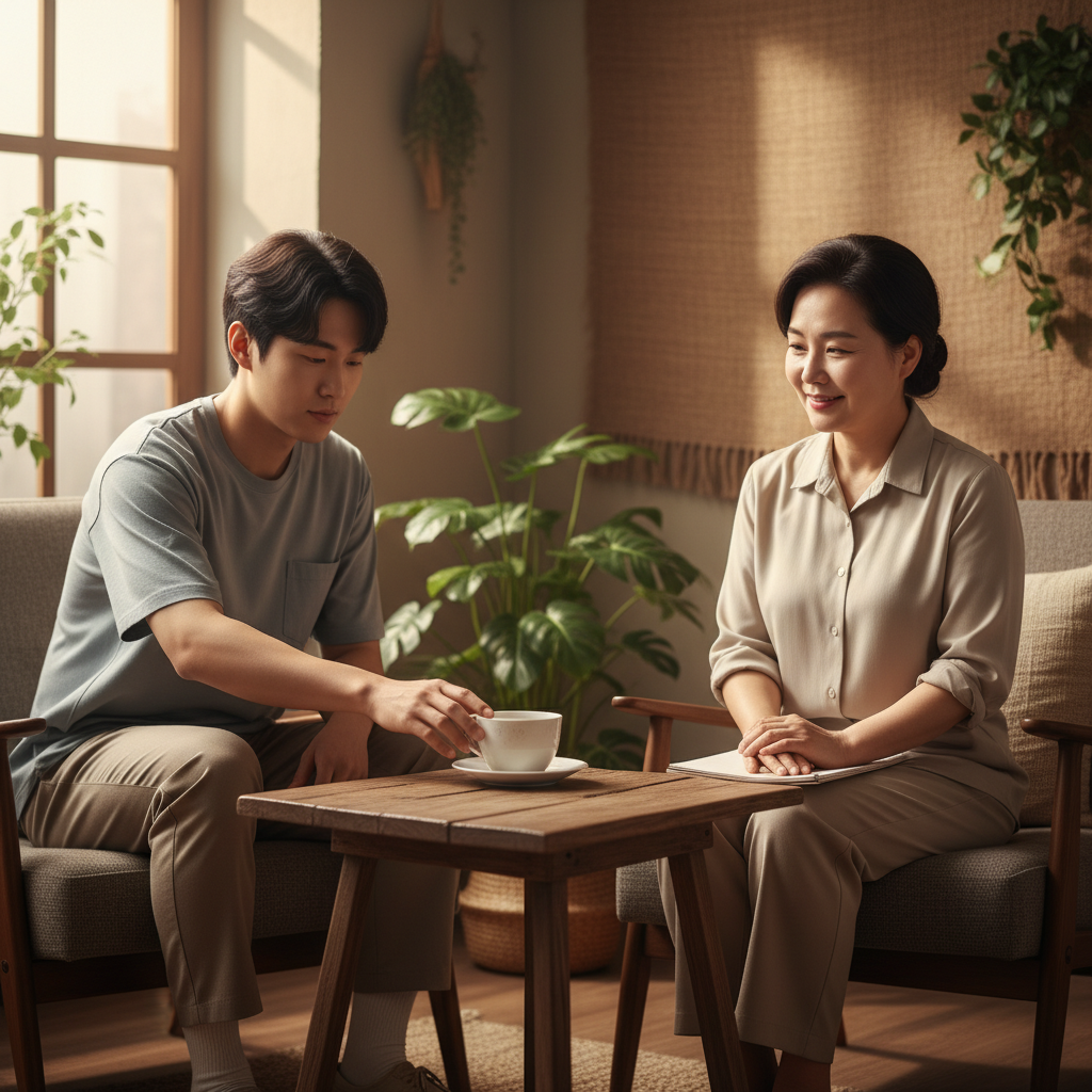 A Korean person in a therapy session, possibly practicing exposure therapy by gently touching a clean but previously perceived "contaminated" object, with a calm therapist observing. Lifestyle photography, warm lighting, natural setting, textured background. No visible text, Korean appearance, natural expression, centered focus.