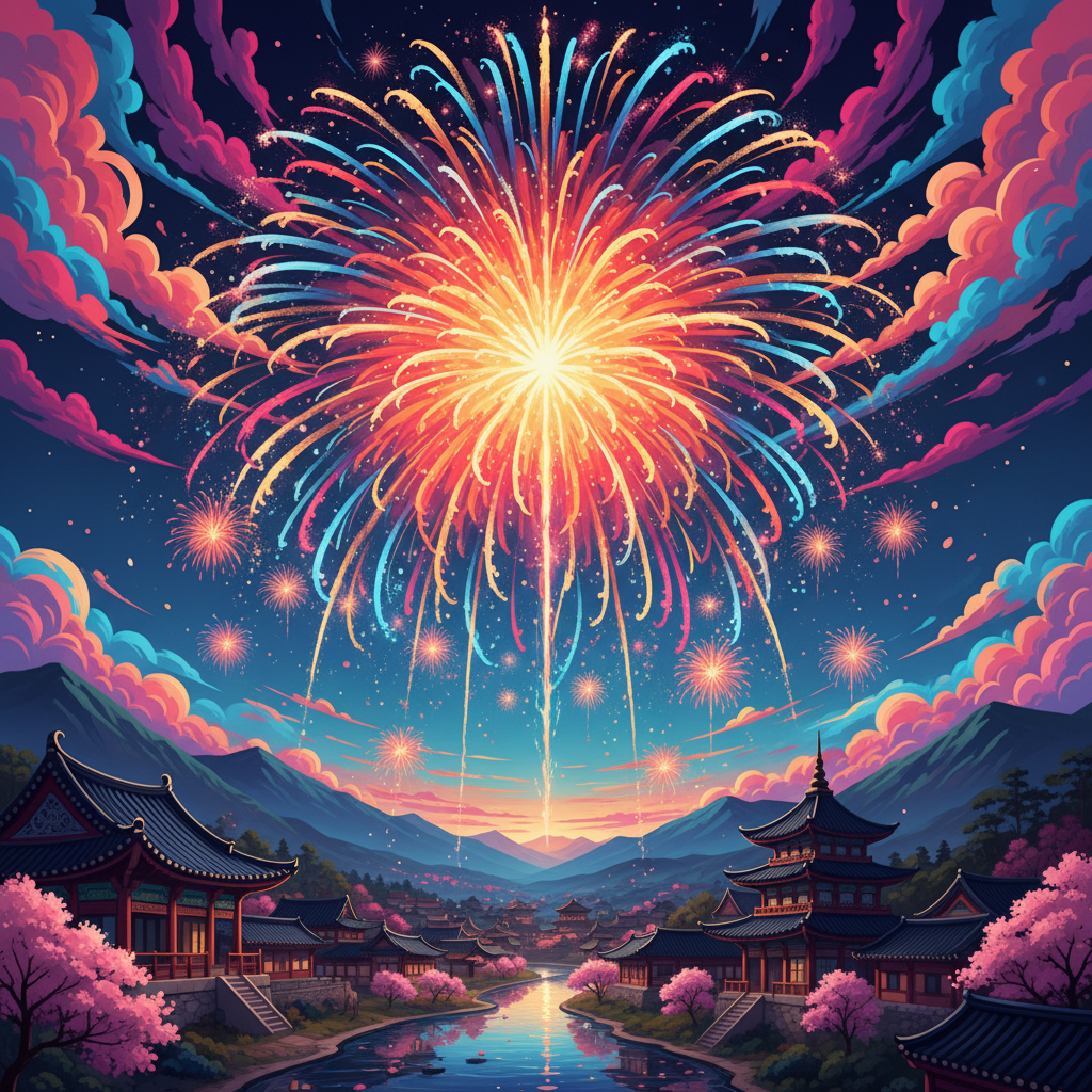 A powerful depiction of the 'Yonshakudama' massive fireworks exploding high in the sky in Niigata, Japan, showcasing its gigantic size and impact, illustration style, vibrant colored background, no text, Korean appearance