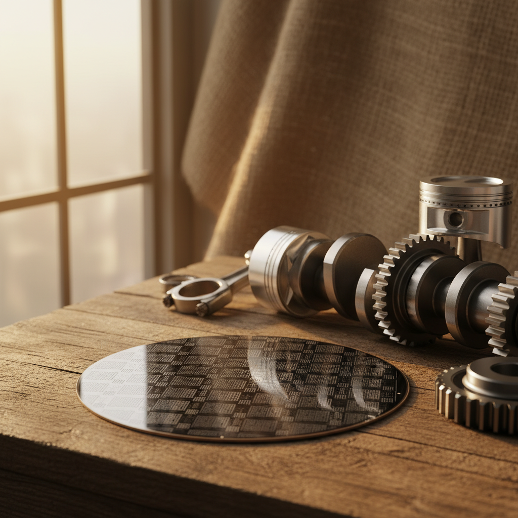 Realistic depiction of a detailed semiconductor wafer and intricate car engine parts, lifestyle photography style, warm lighting, textured background, no text