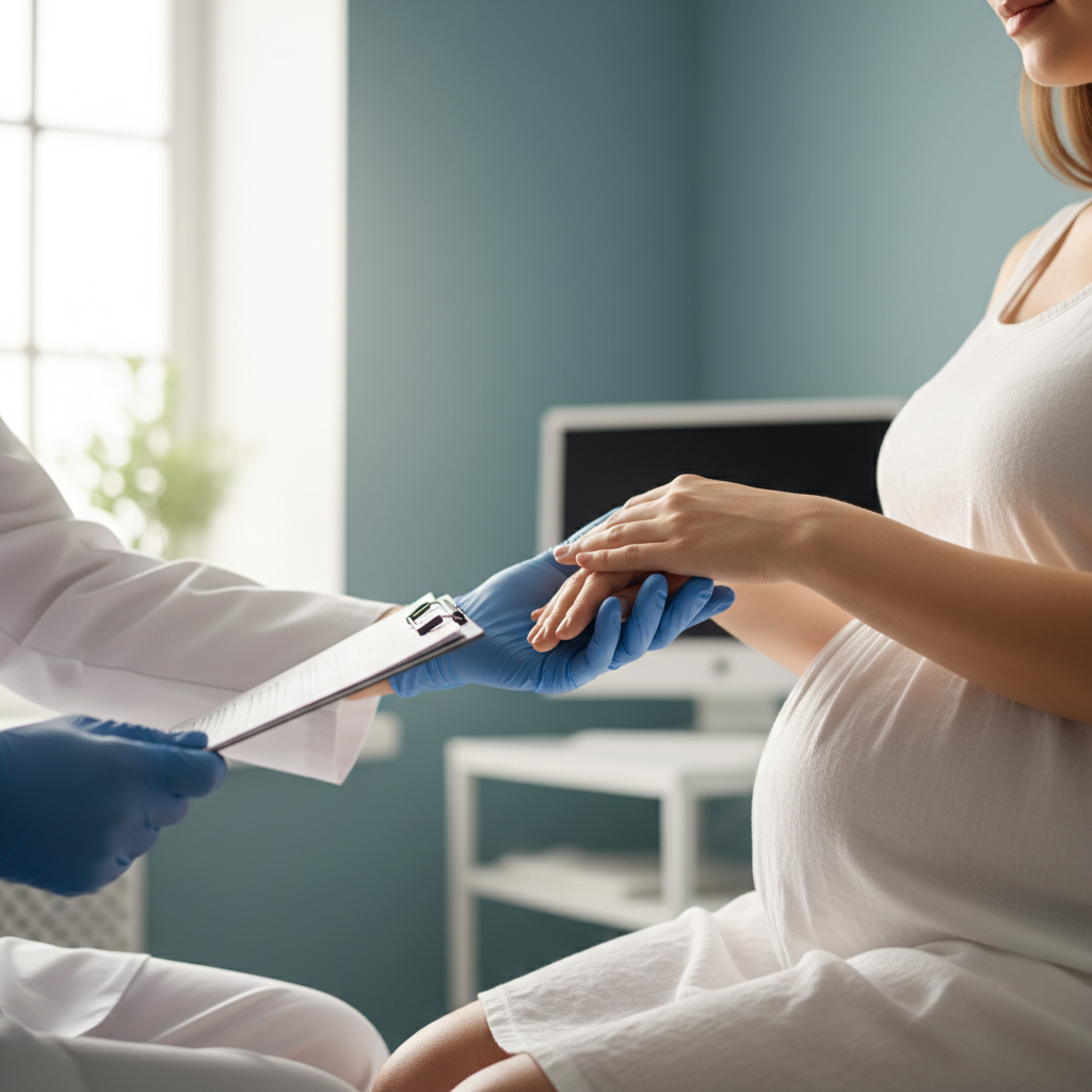 A doctor's hand gently reassuring a pregnant patient, during a consultation, clean clinical setting, soft lighting, detailed composition, colored background, no text.