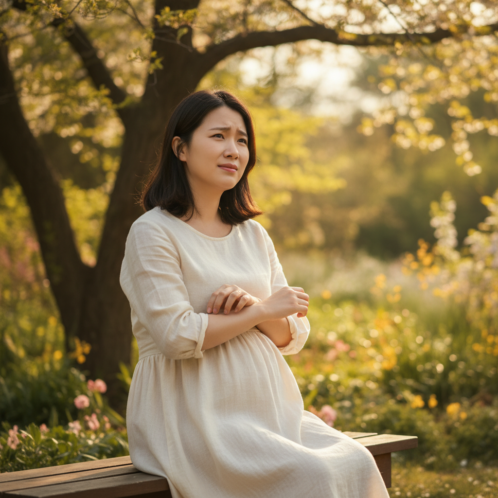A pregnant Korean woman gently scratching her arm, looking uncomfortable but hopeful, warm lighting, natural setting, slightly blurred colored background, no text.