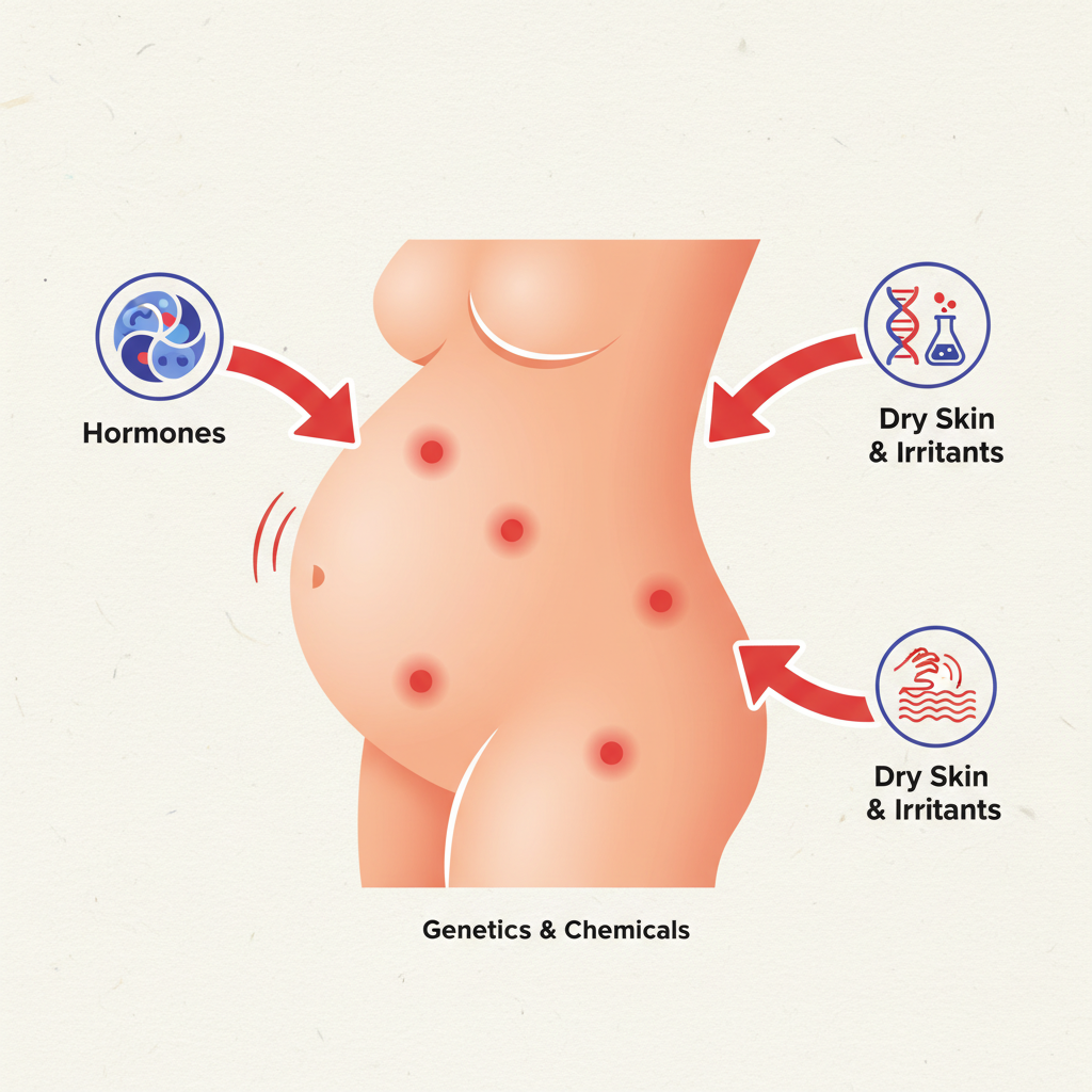 A clean infographic showing a stylized illustration of a pregnant belly with small red itchy spots, and arrows pointing to contributing factors like hormones, modern layout, high contrast, textured background, no text.