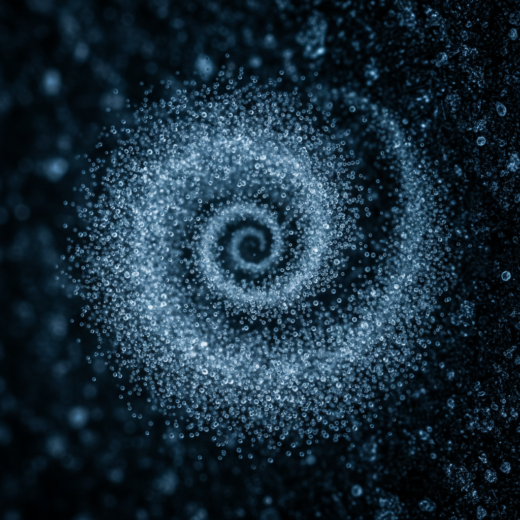 Macro photography of misty breath condensing into visible water droplets against a dark, cold background, high contrast, scientific yet artistic, no text