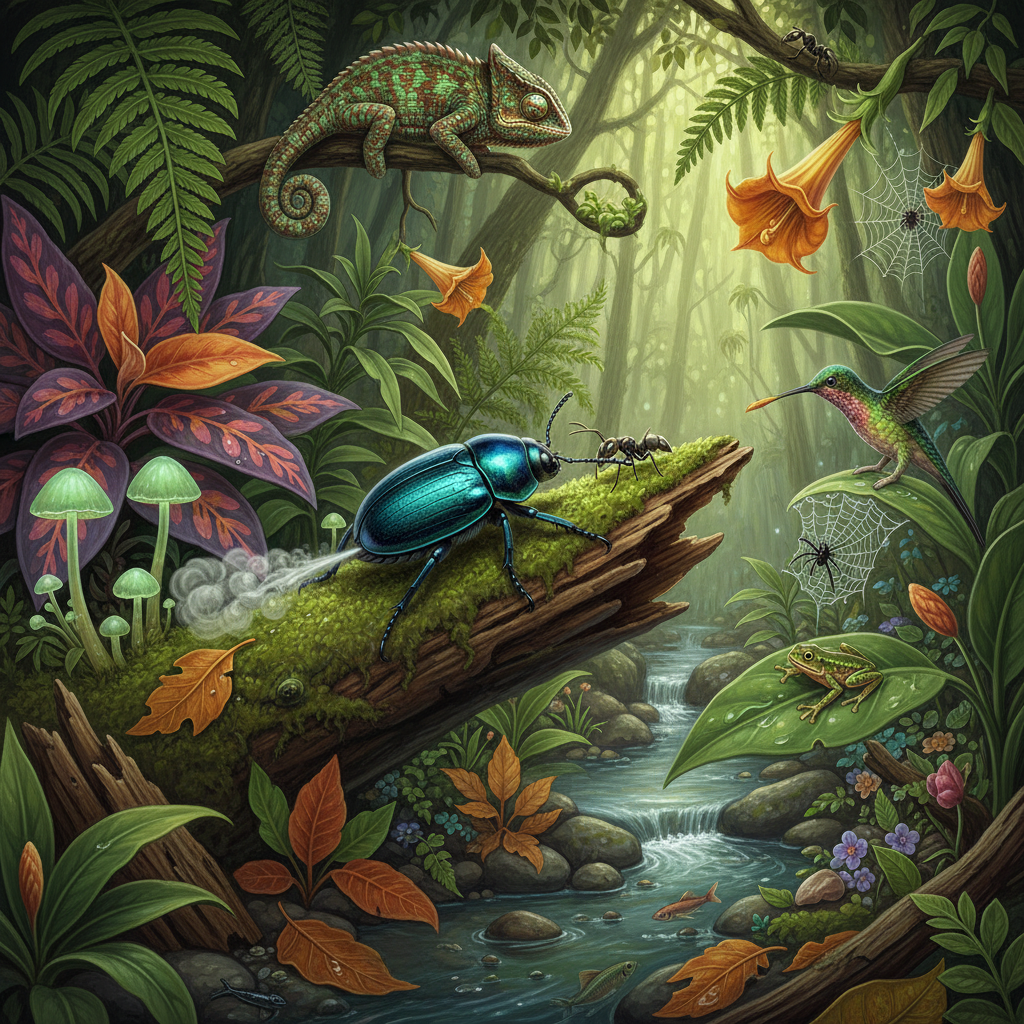 A beautiful illustration depicting a bombardier beetle in its natural habitat, surrounded by diverse flora and fauna, emphasizing ecological balance and coexistence, artistic rendering, rich background, no text.
