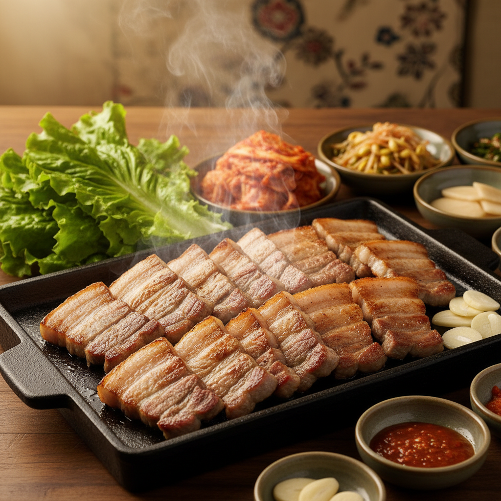A close-up of perfectly grilled pork belly on a sizzling plate, surrounded by fresh lettuce, kimchi, and various side dishes, warm lighting, textured background, no text