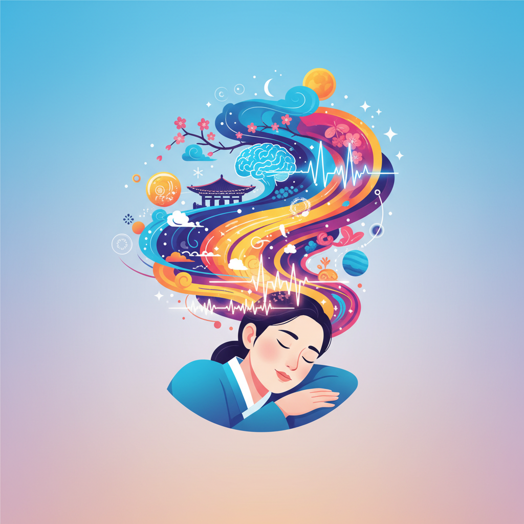 clean infographic, modern layout, high contrast, abstract illustration of a Korean person sleeping peacefully, vivid dream elements swirling around their head, incorporating brain activity patterns, with a soft gradient background, no text