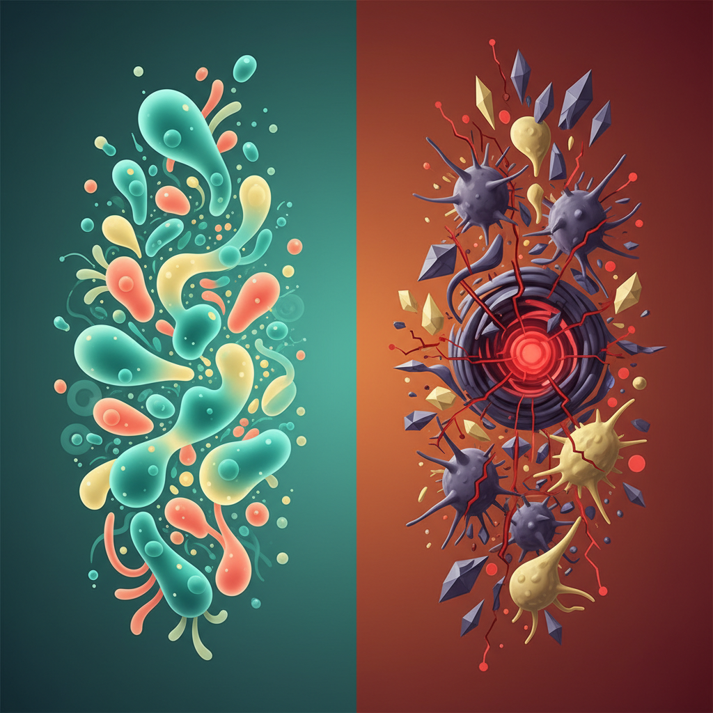 A visual metaphor of a healthy gut environment contrasted with a stressed one, showing abstract elements representing discomfort and balance, modern layout, high contrast, colored background, no text