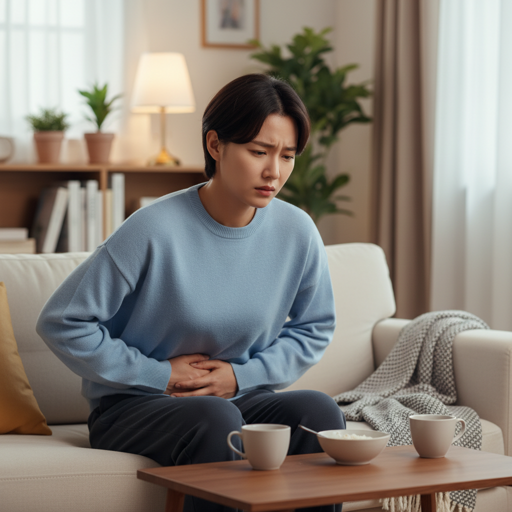 A Korean person holding their stomach with a slightly concerned expression, indicating discomfort from frequent belching, soft indoor lighting, comfortable home environment, no text
