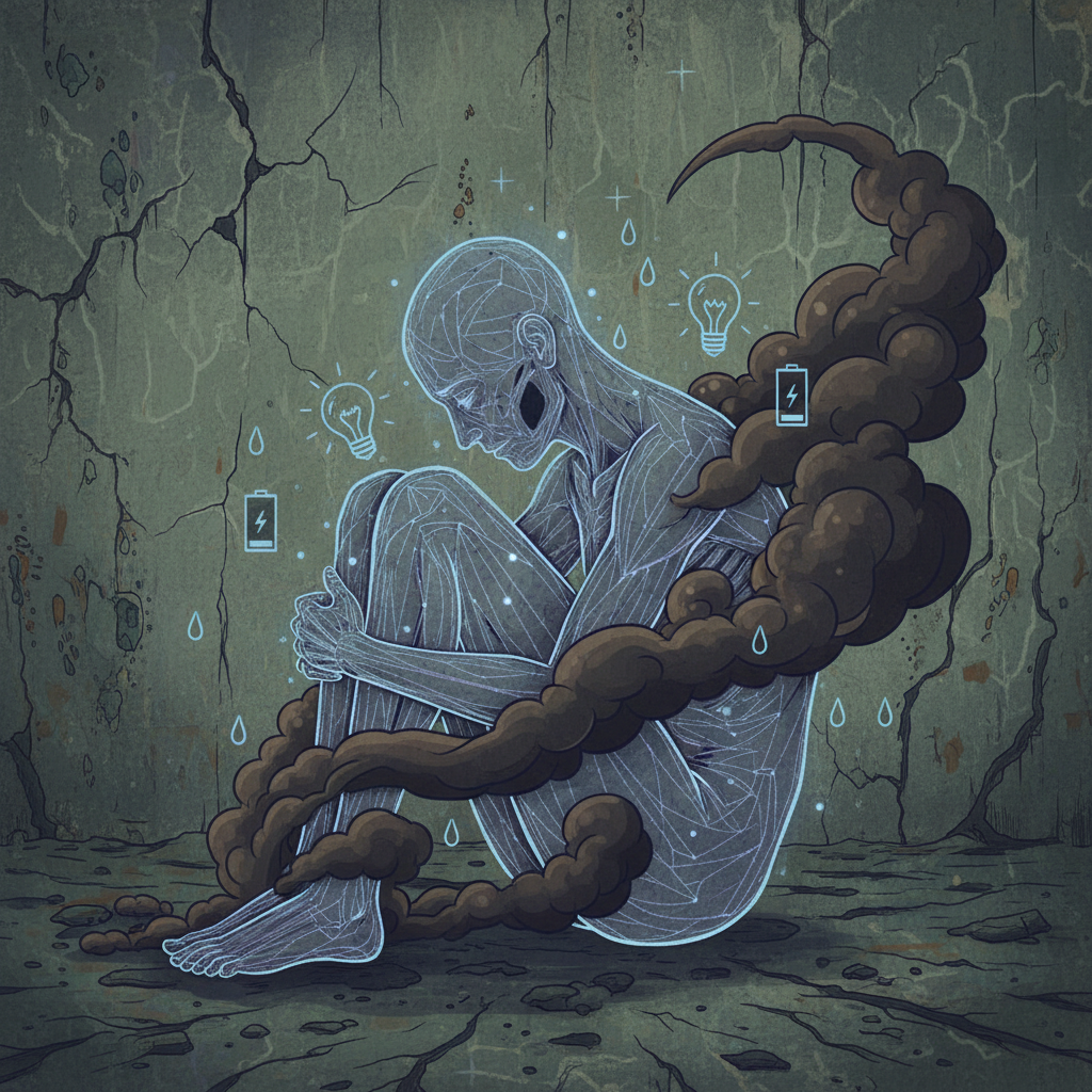 An infographic style image showing a person's body in "starvation mode" with minimal energy output, dark, muted colors, scientific illustration, textured background, no text