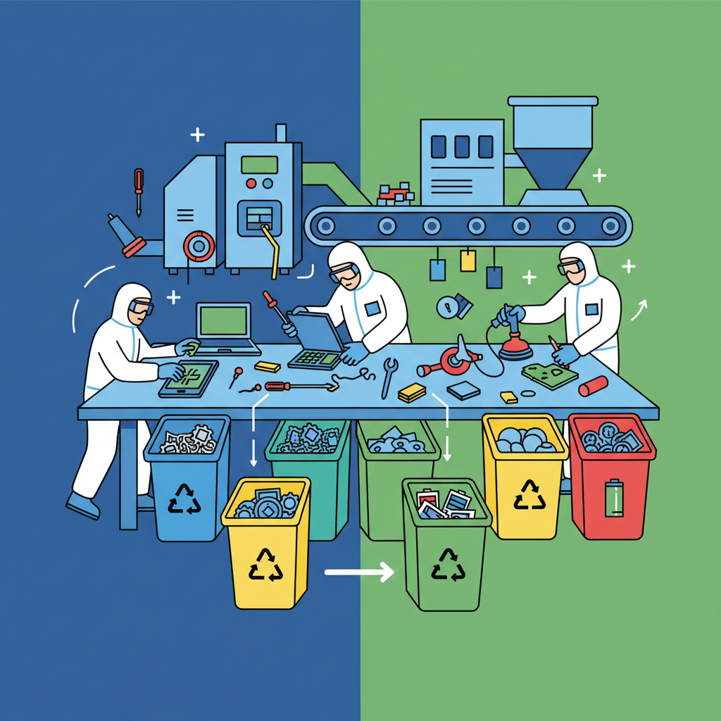 A detailed illustration of electronic waste being carefully disassembled and sorted for recycling in a specialized facility. High contrast, clean infographic style, colored background, no text.