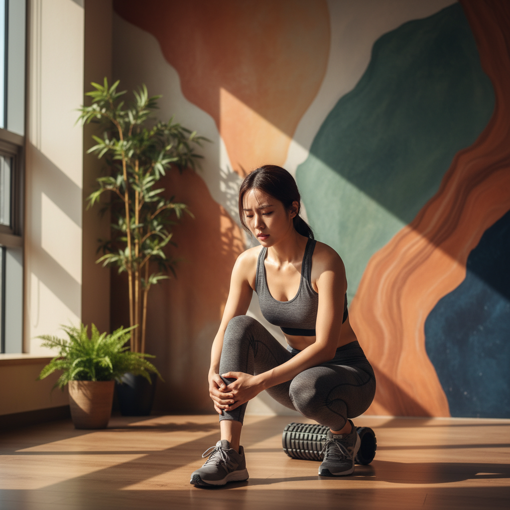 A vivid lifestyle scene showing a Korean person experiencing shin pain during exercise, warm lighting, colored background with natural textures, no visible text in image.