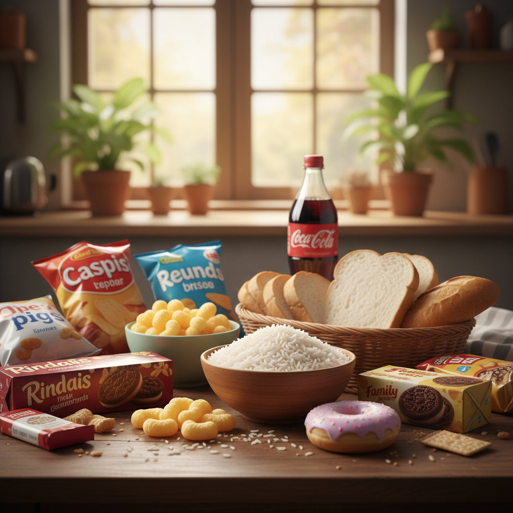 A clear image depicting common refined carbohydrates such as white rice, white bread, and various processed snacks on a table, warm lighting, natural setting, rich background, lifestyle photography, aspect ratio 4:3, no text