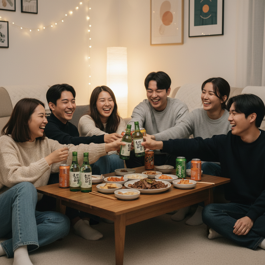 A group of Korean friends enjoying a casual gathering, with zero-sugar soju bottles and soda cans on a table, smiling and laughing, lifestyle photography, warm ambient lighting, cozy indoor setting, natural expression, no text
