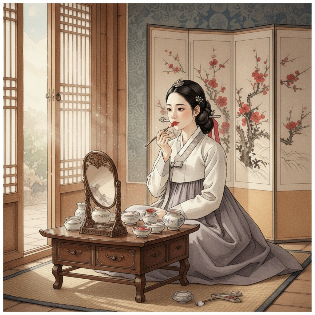 A detailed illustration of a Joseon Dynasty woman gracefully applying natural makeup, traditional Korean interior, soft natural light, textured background, no text, artistic rendering, centered focus, visually rich