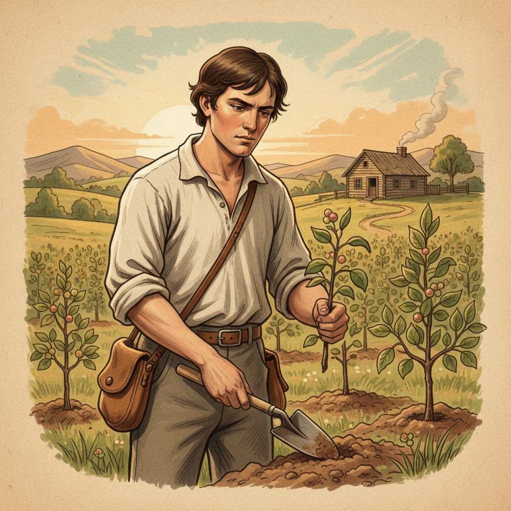 An artistic rendering illustrating the early life of John Chapman, also known as Johnny Appleseed, perhaps showing a young man with a focused expression amidst a growing apple orchard in the American frontier. The style is reminiscent of historical illustrations, with a warm, earthy color palette and a textured background. No visible text.