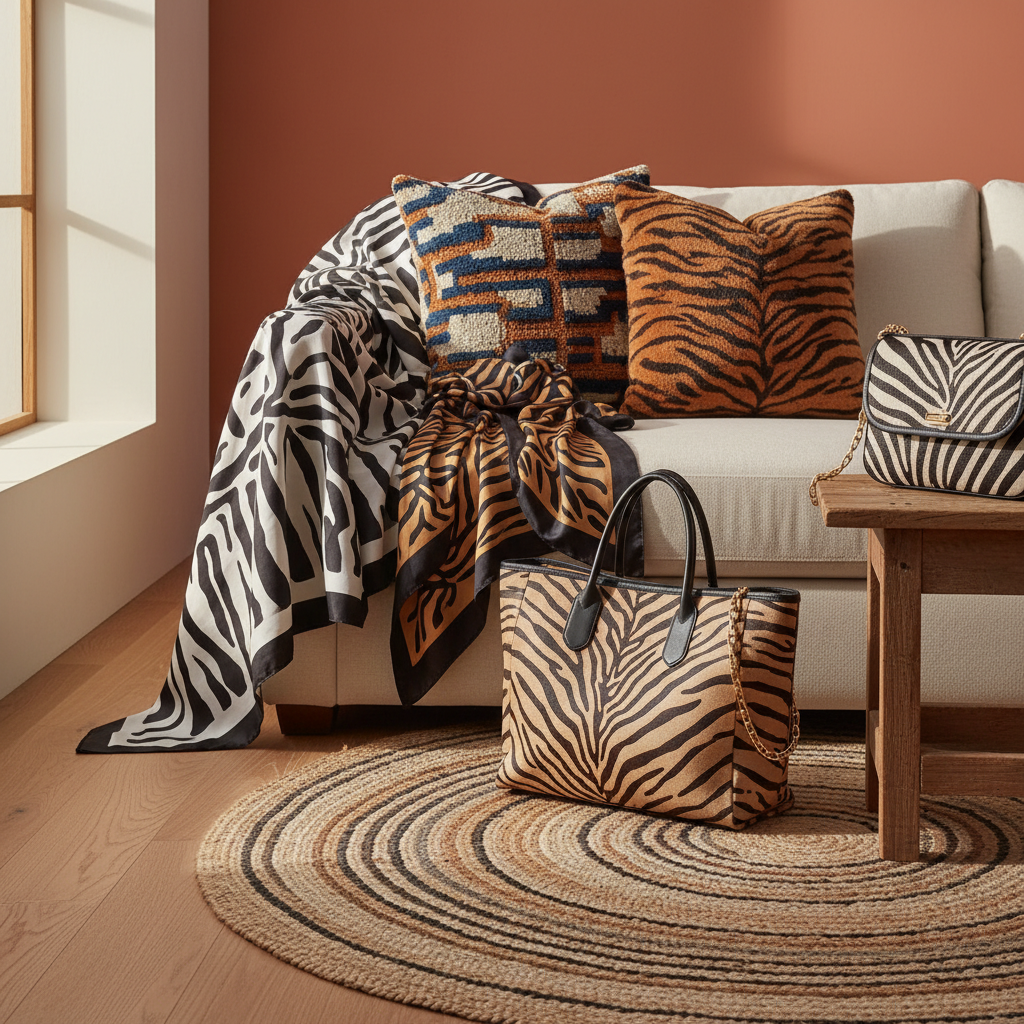 A visually rich lifestyle photography scene showcasing various fashion items (e.g., scarf, bag) and interior decor (e.g., throw pillow, rug) with zebra and tiger stripe patterns, displayed in a stylish, modern setting, warm lighting, natural textures, colored background, no text, centered focus.