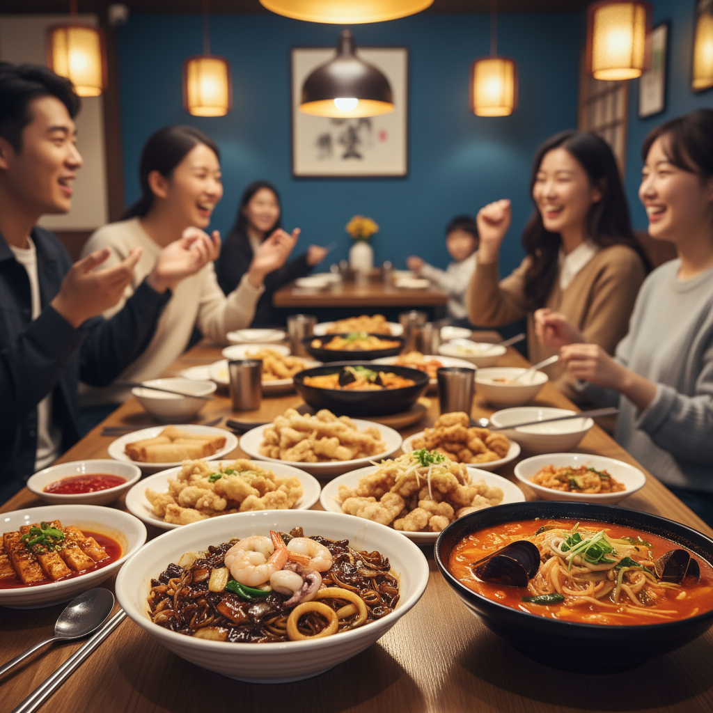 A lively and appealing scene inside a modern Korean-Chinese restaurant. A table is laden with various dishes, including a beautifully presented Samseon Jajangmyeon and Samseon Jjampong, along with other popular Chinese dishes. Friends or family are happily dining, with natural expressions, blurred in the background to keep focus on the food. Warm, inviting lighting, detailed composition, no text, colored background, Korean setting.