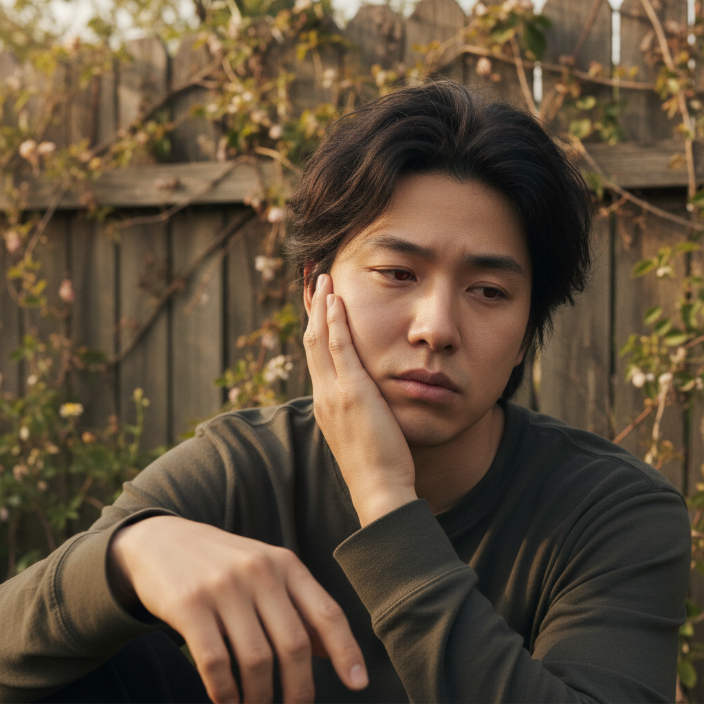 A tired-looking Korean person gently touching their swollen face or hands, in a natural setting with warm, balanced lighting and a textured background. No visible text.