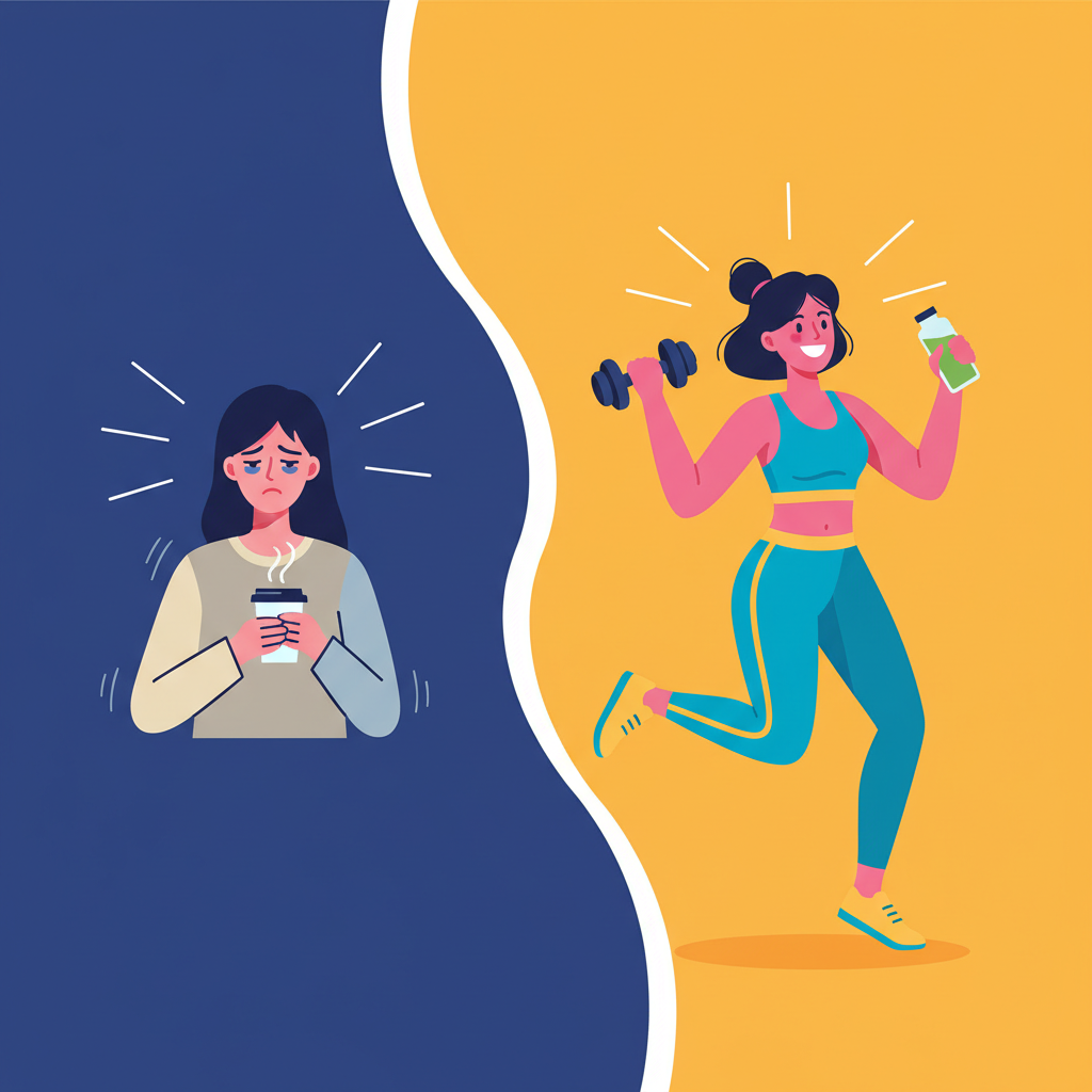 A tired Korean woman contrasting with an energetic Korean woman, clean infographic style, modern layout, high contrast, colored background, no text