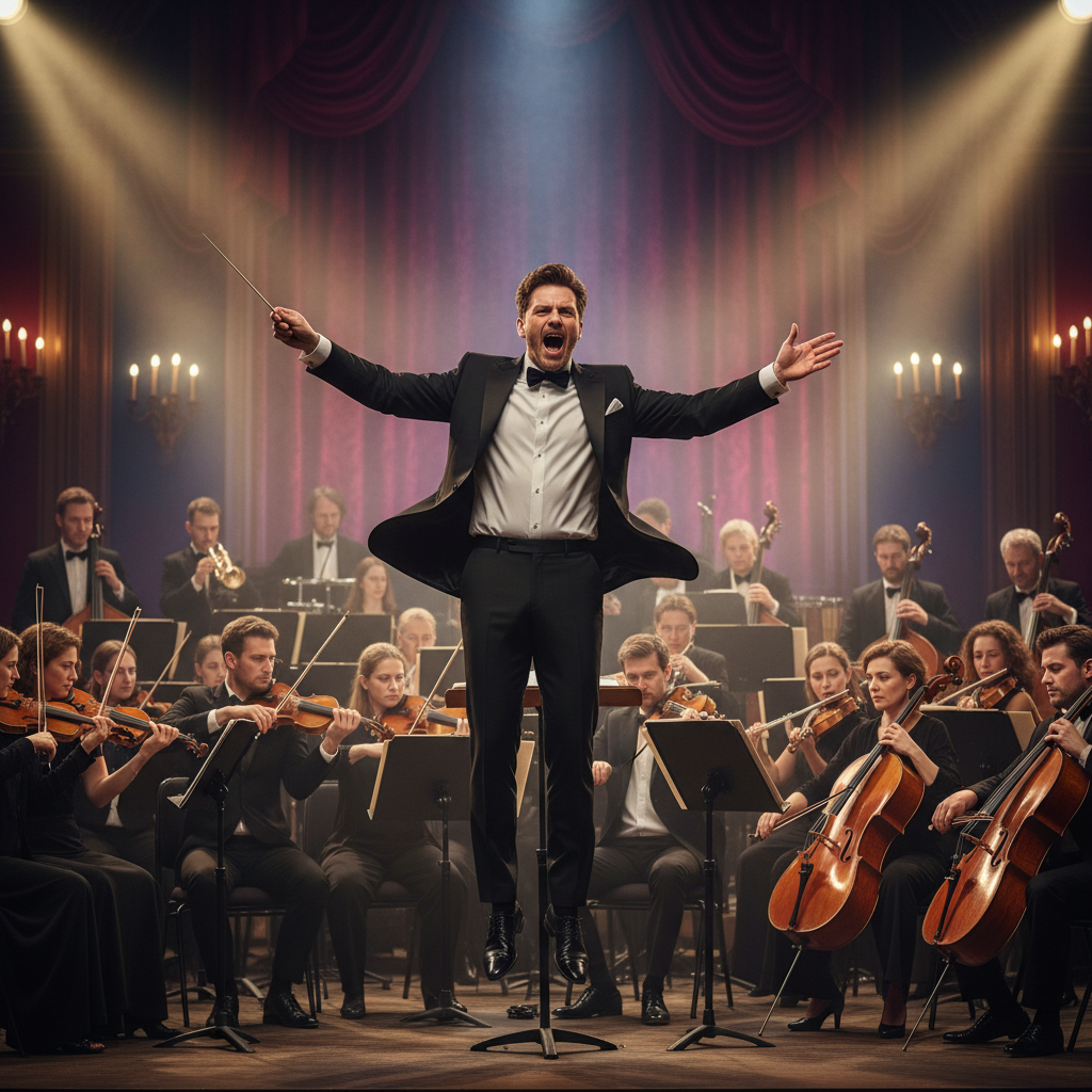 A conductor passionately leading an orchestra, musicians playing instruments in the background, cinematic lighting, rich and deep background colors, no text