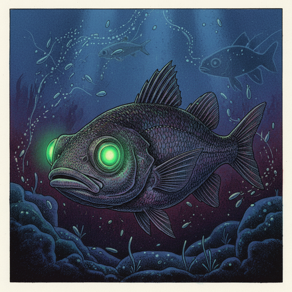 Close-up of a shortnose greeneye fish, showing green fluorescence in its eyes under white and UV light, deep sea environment, scientific illustration style, no text