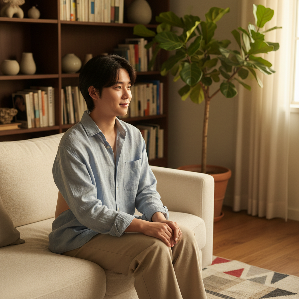 A realistic depiction of a young Korean person wearing a discreet back brace under light clothing. Lifestyle photography, warm lighting, natural setting like a living room. Rich background, centered focus, no text.
